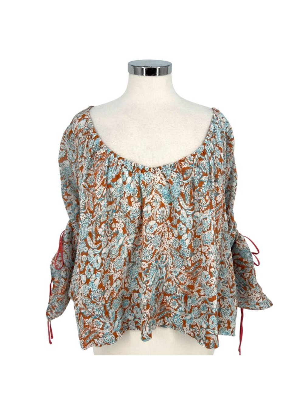 By Anthropologie Boho Peasant Floral Shirred Blouse Brown Blue Size Large